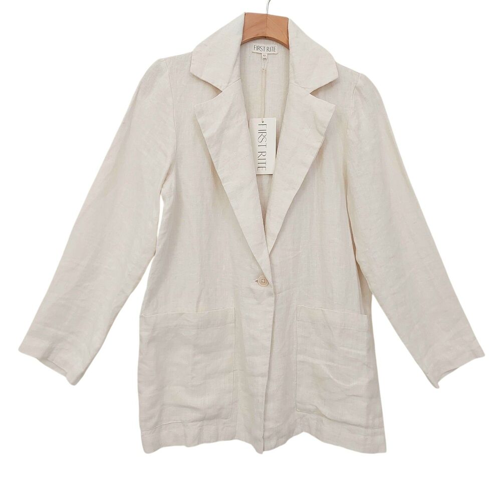 First Rite Blazer Jacket Coat Womens XS Off White 100% Linen Casual Minimalist
